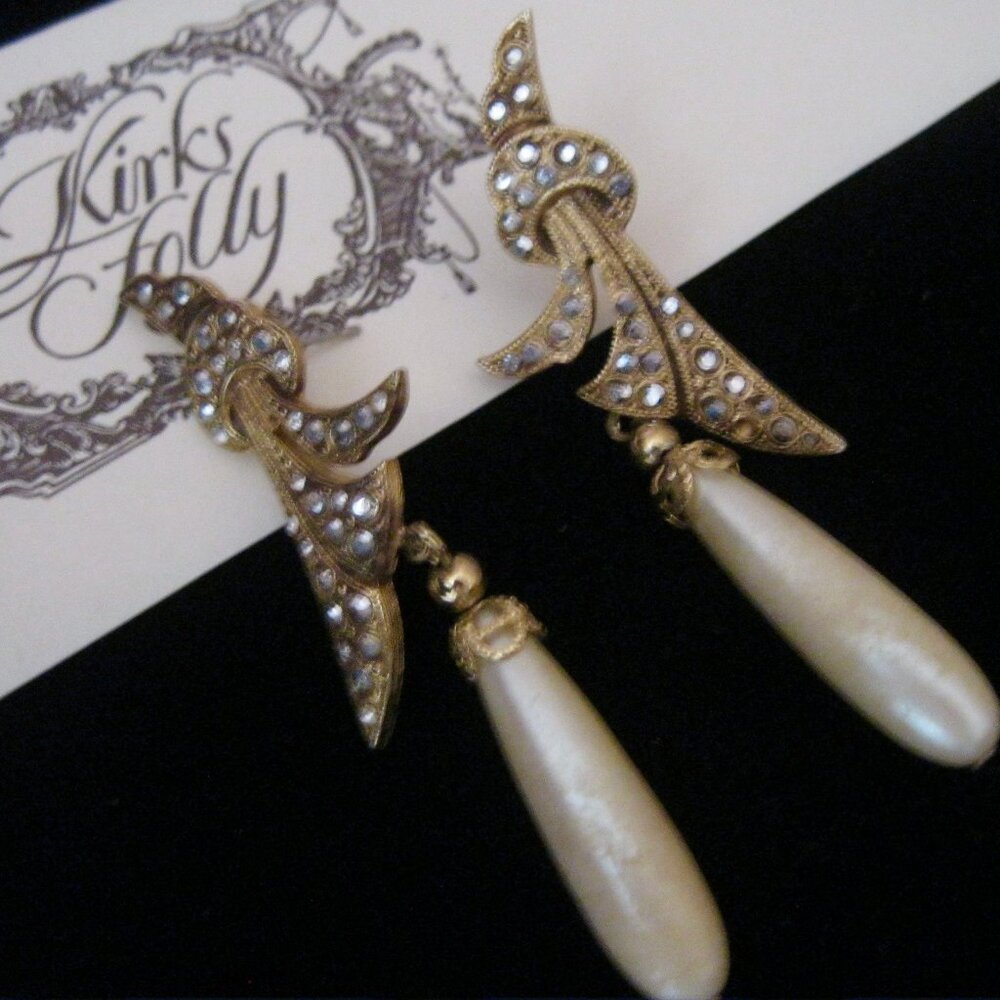 "KIRKS FOLLY NEW/SIGNED PEARL DROP W/MARCASITES PIERCED EARRINGS" BEAUTIFUL!